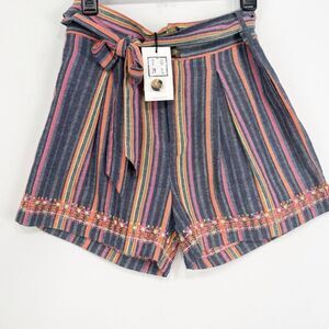 THML Blue Pink Orange Stripe Embroidered
Hem Tie Waist Cotton Blend Shorts NEW